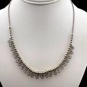 Silver Tone Beaded Dangle Necklace Faceted Gray Beads
